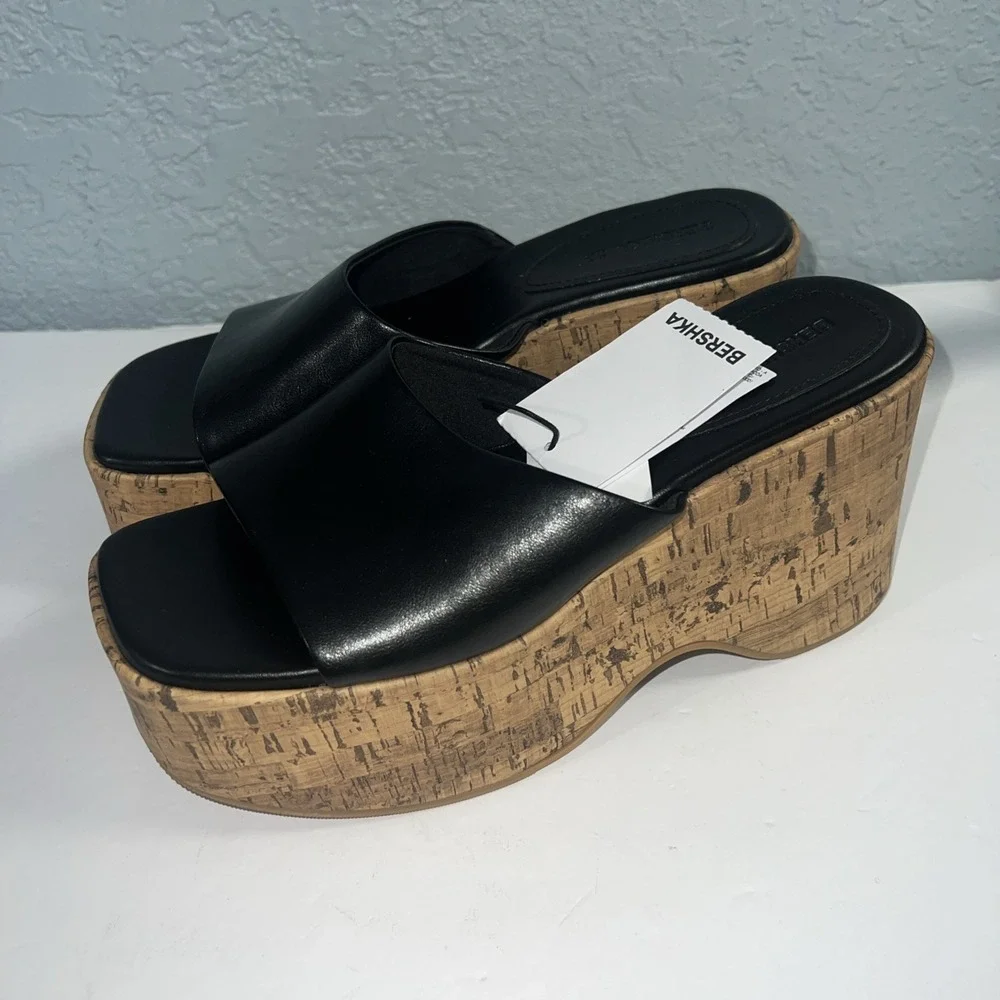 Bershka Chunky Platform Open-Toed Slide Cork Wedge Sandal Size 7.5-New‎
